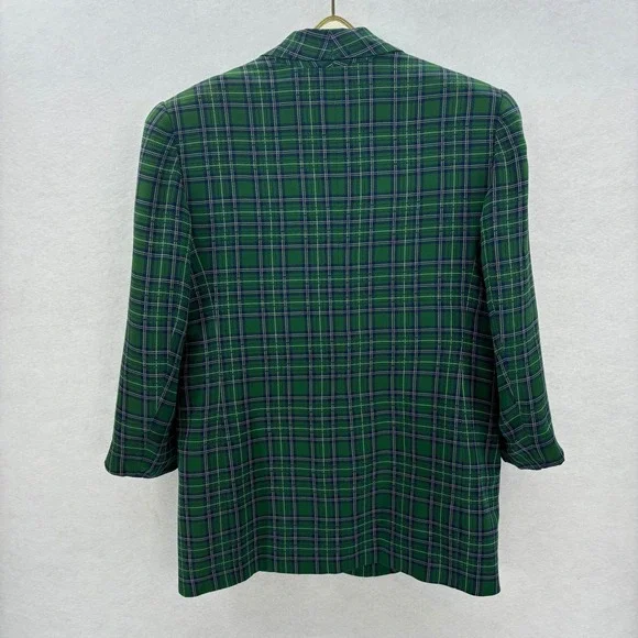 Dana Buchman Green Plaid Blazer Jacket Women Size 12 Silk Blend Academia Preppy - Picture 2 of 11